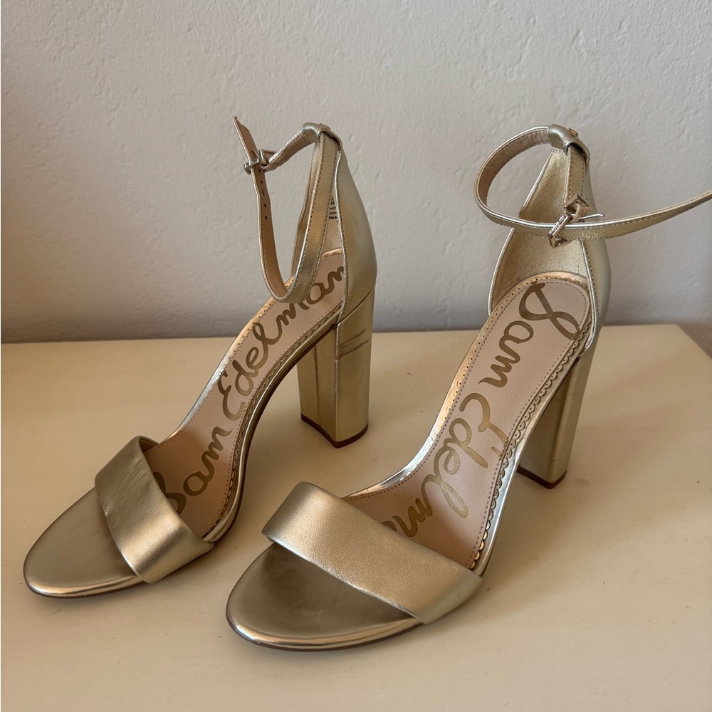 Sam Edelman Metallic Gold Block Heel Ankle Strap Sandals